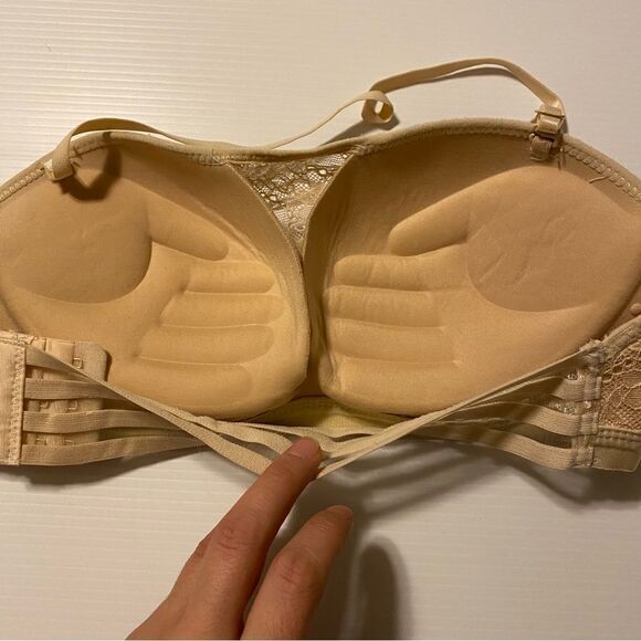 Padded push up tan beige lace bra bustier corset style wide back closure c cup - Picture 6 of 7